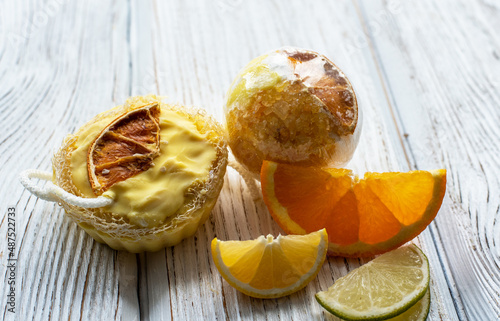 salt bomb and soap with citrus impurities on a white background. handmade