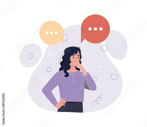 Concept of dilemma. Girl stands with her head resting on her hand. Puzzled and thoughtful character. Difficulty making important decisions. Unsolvable task, choice. Cartoon flat vector illustration