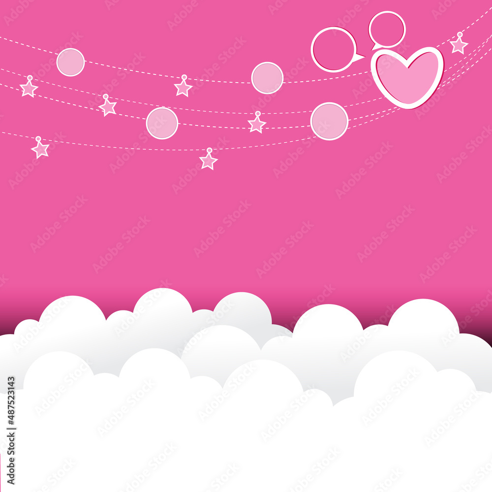 Clouds and paper hearts on a pink background