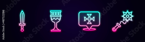 Set line Medieval sword, goblet, Crusade and Mace with spikes. Glowing neon icon. Vector