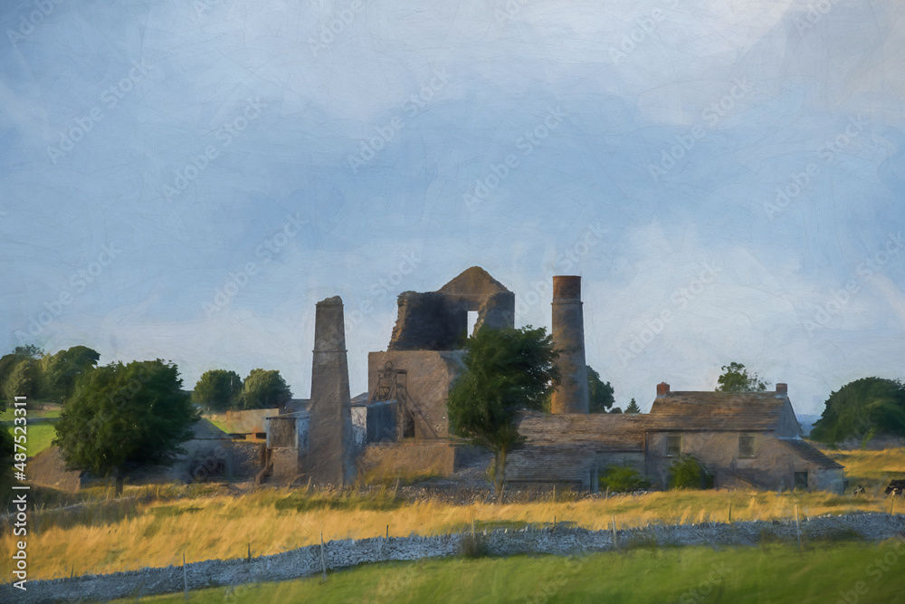 Digital painting of Magpie Mine. Abandoned, ruined lead mine in the Peak District National Park.
