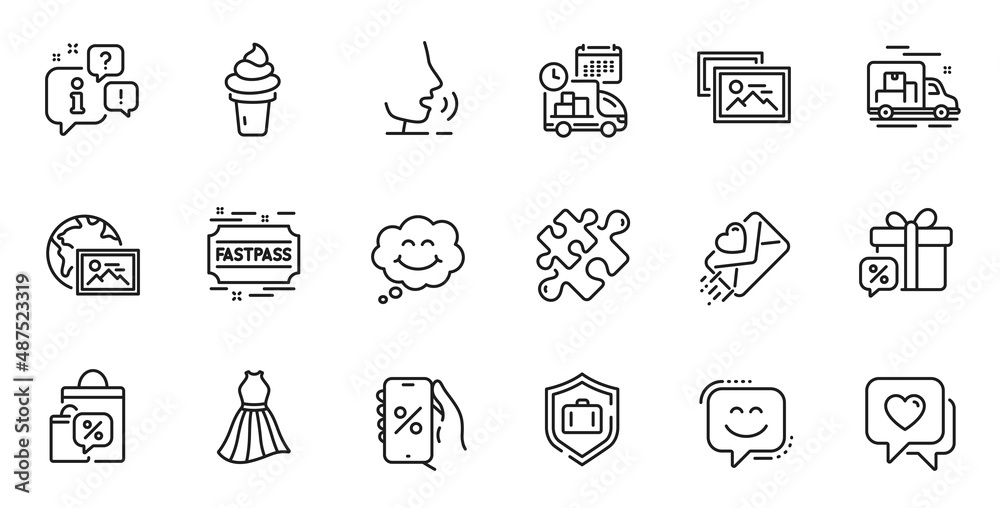 Outline set of Heart, Ice cream and Smile face line icons for web application. Talk, information, delivery truck outline icon. Include Dress, Fastpass, Discounts app icons. Vector