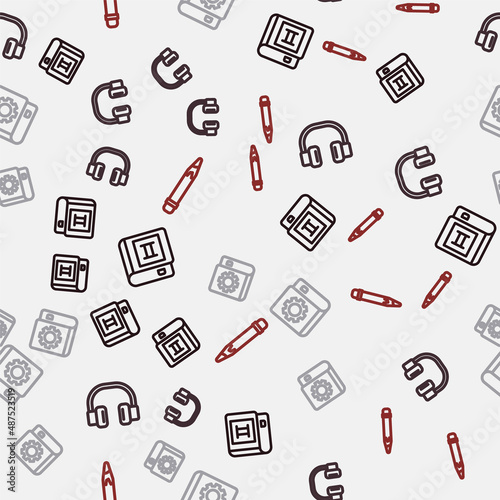 Set line Book, Headphones, User manual and Pencil with eraser on seamless pattern. Vector