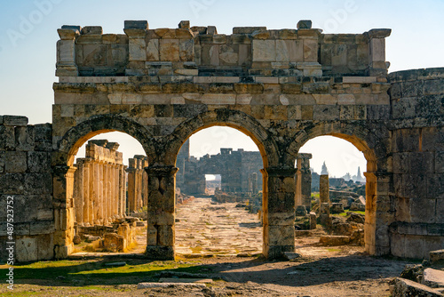 Amphitheater at the ruins of hierapolis in pamukkale, turkey. Unesco world heritage site in turkey. Ruined ancient city in europe. Turkey. Amphitheater. photo