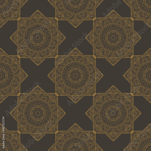Seamless pattern with decor tile, mosaic oriental ornament. Vector illustration for designing posters, cards, prints, stickers, fabric, textile, gift paper, scrapbooking