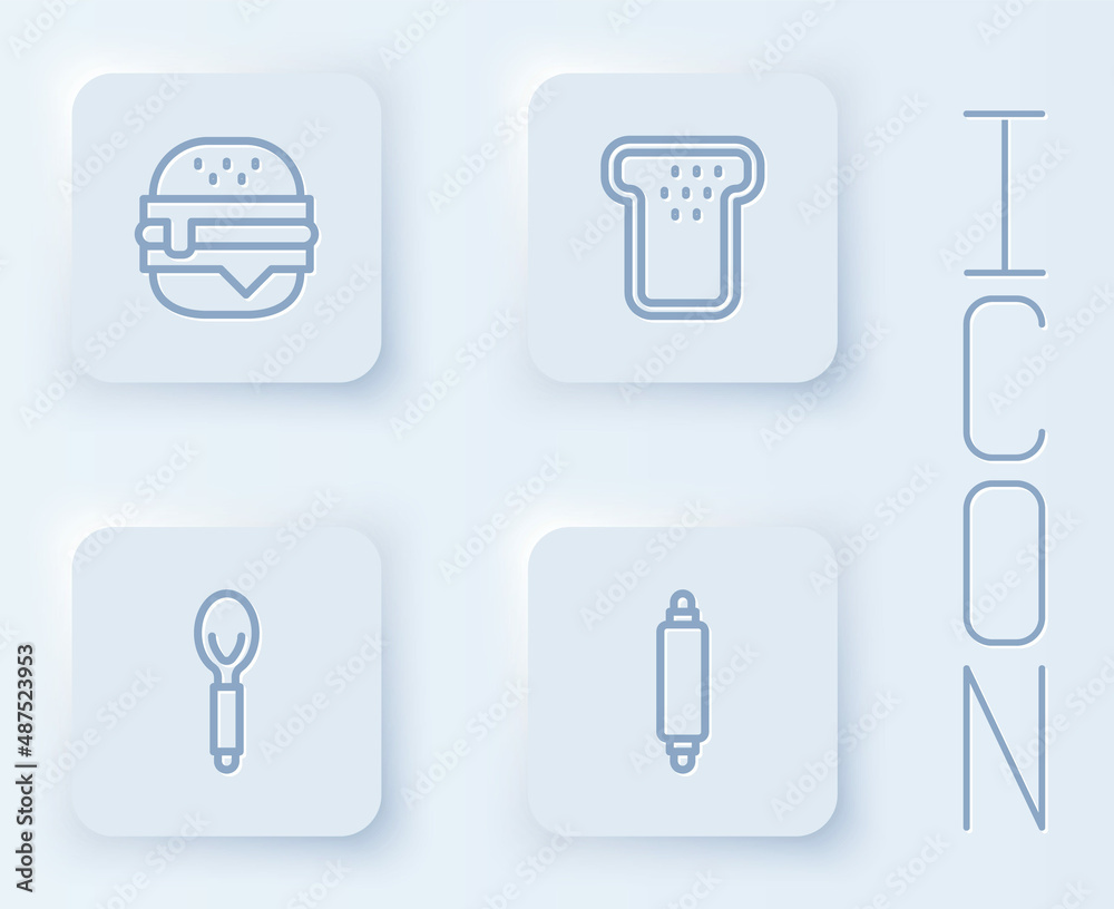 Set line Burger, Bread toast, Spoon and Rolling pin. White square button. Vector Set line Burger, Bread toast, Spoon and Rolling pin. White square button. Vector