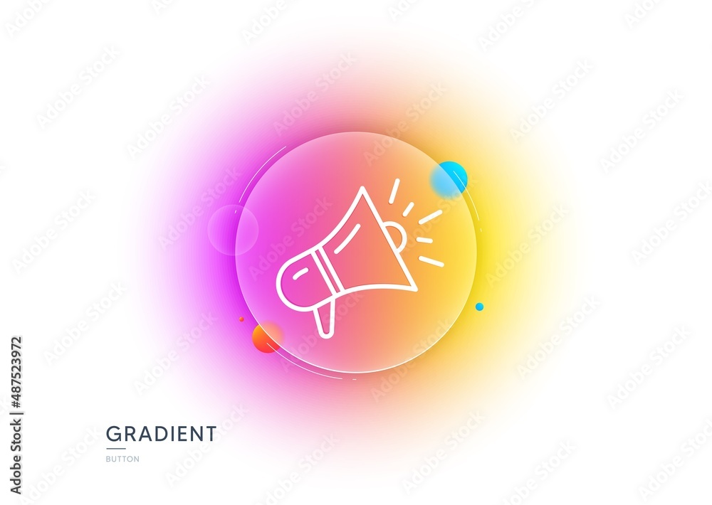 Megaphone line icon. Gradient blur button with glassmorphism. Advertisement device symbol. Brand ambassador loudspeaker sign. Transparent glass design. Megaphone line icon. Vector Megaphone line icon. Gradient blur button with glassmorphism. Advertisement device symbol. Brand ambassador loudspeaker sign. Transparent glass design. Megaphone line icon. Vector