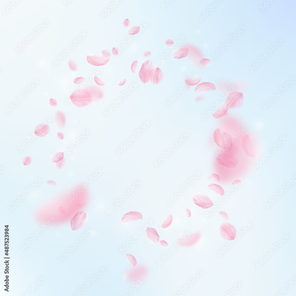 Sakura petals falling down. Romantic pink flowers vignette. Flying petals on blue sky square background. Love, romance concept. Elegant wedding invitation.