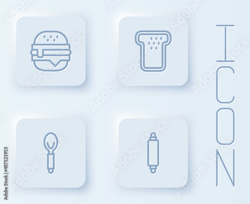 Set line Burger  Bread toast  Spoon and Rolling pin. White square button. Vector