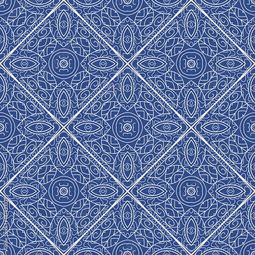 Seamless pattern with decor tile, mosaic oriental ornament. Vector illustration for designing posters, cards, prints, stickers, fabric, textile, gift paper, scrapbooking.
