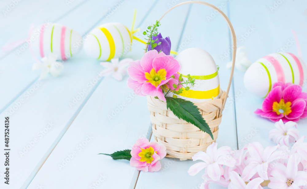 Easter egg in a basket decorated with flowers