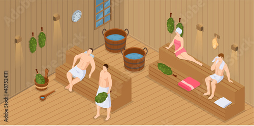Sauna and steam room. Set of people in sauna. People relax and steam with birch brooms in traditional russian stove for female and male. Finnish bathhouse. Public sauna, Friends in spa resort
