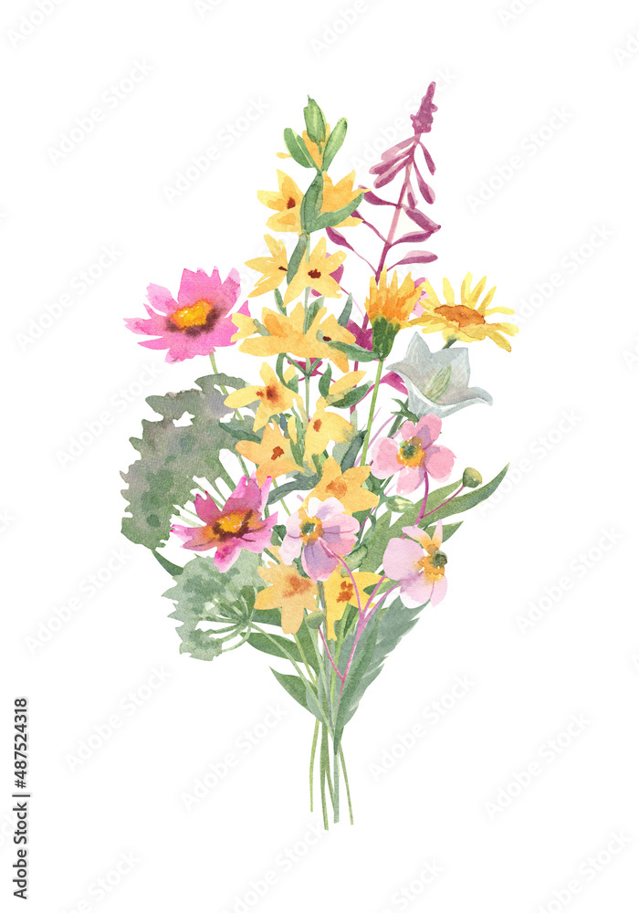 Bouquet of wild flowers. Watercolor hand painted illustration isolated on white background. Yellow, pink and green meadow flowers. Beautiful floral arrangement.