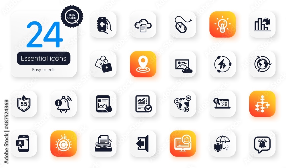 Set of Technology flat icons. Internet report, Idea and Health app elements for web application. Location, File storage, Ab testing icons. Notification bubble, Photo cloud, Umbrella elements. Vector Set of Technology flat icons. Internet report, Idea and Health app elements for web application. Location, File storage, Ab testing icons. Notification bubble, Photo cloud, Umbrella elements. Vector