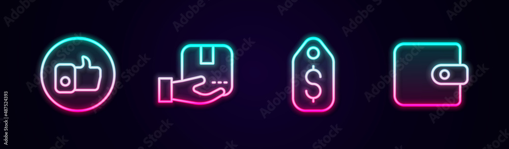 Set line Hand like, Delivery hand with box, Price tag dollar and Wallet. Glowing neon icon. Vector Set line Hand like, Delivery hand with box, Price tag dollar and Wallet. Glowing neon icon. Vector