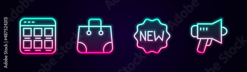 Set line Online shopping on screen, Paper bag, Price tag with New and Megaphone. Glowing neon icon. Vector