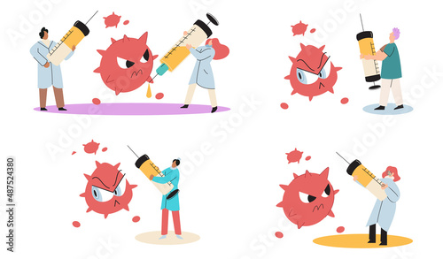 Antivirus vaccine. Scientists conducting scientific researches, laboratory assistants test tubes working in medical lab researchers making chemical experiments test liquids and equipment. Virus in lab