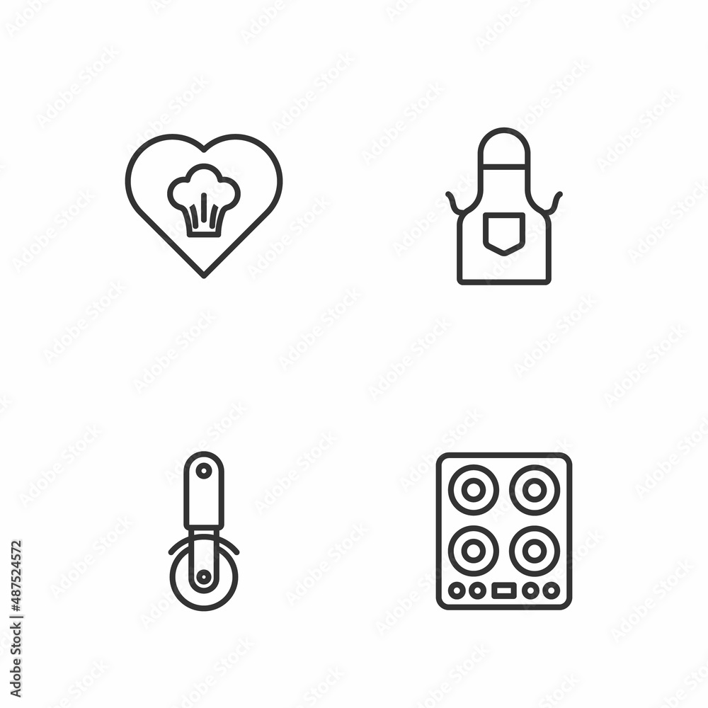Set line Gas stove, Pizza knife, Chef hat and Kitchen apron icon. Vector Set line Gas stove, Pizza knife, Chef hat and Kitchen apron icon. Vector