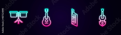 Set line Bongo drum, Guitar, Keytar and Violin. Glowing neon icon. Vector
