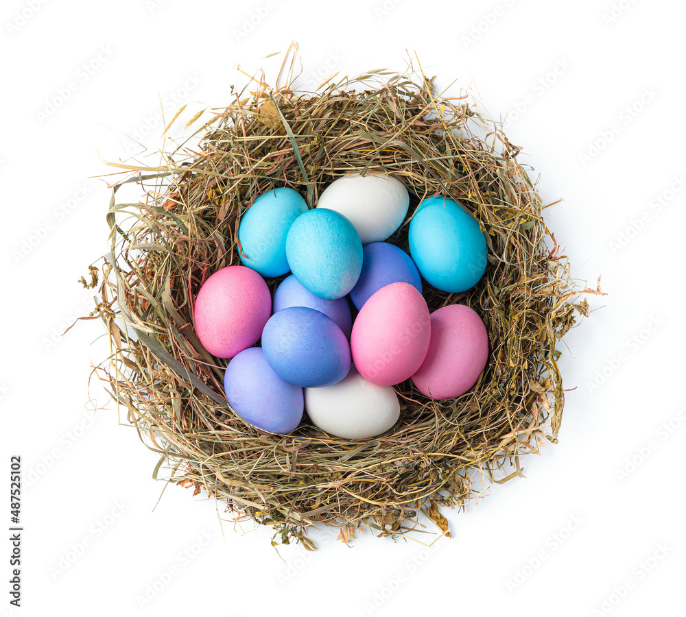 Bird's nest with colored Easter eggs isolated on a white background. Bird's nest with colored Easter eggs isolated on a white background.