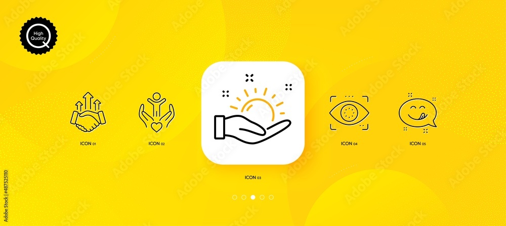 Fototapeta premium Eye detect, Volunteer and Deal minimal line icons. Yellow abstract background. Sunny weather, Yummy smile icons. For web, application, printing. Retina check, Hospice care, Business rise. Vector