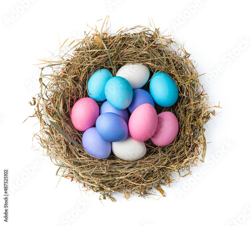 Bird's nest with colored Easter eggs isolated on a white background.