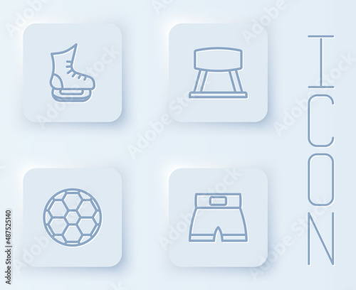 Set line Skates, Pommel horse, Soccer football ball and Boxing short. White square button. Vector