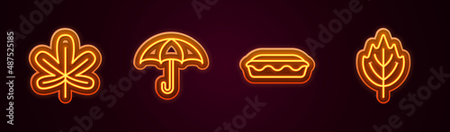 Set line Chestnut leaf, Umbrella, Homemade pie and Leaf. Glowing neon icon. Vector