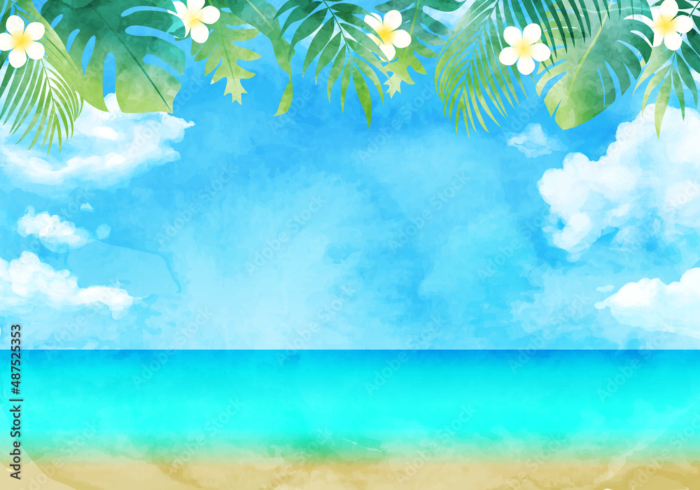 青空と南国の植物の水彩イラスト背景(リゾート,夏,旅行,トロピカル,ビーチ,ハイビスカス,プルメリア,ハワイ,海岸,砂浜,バカンス,葉)