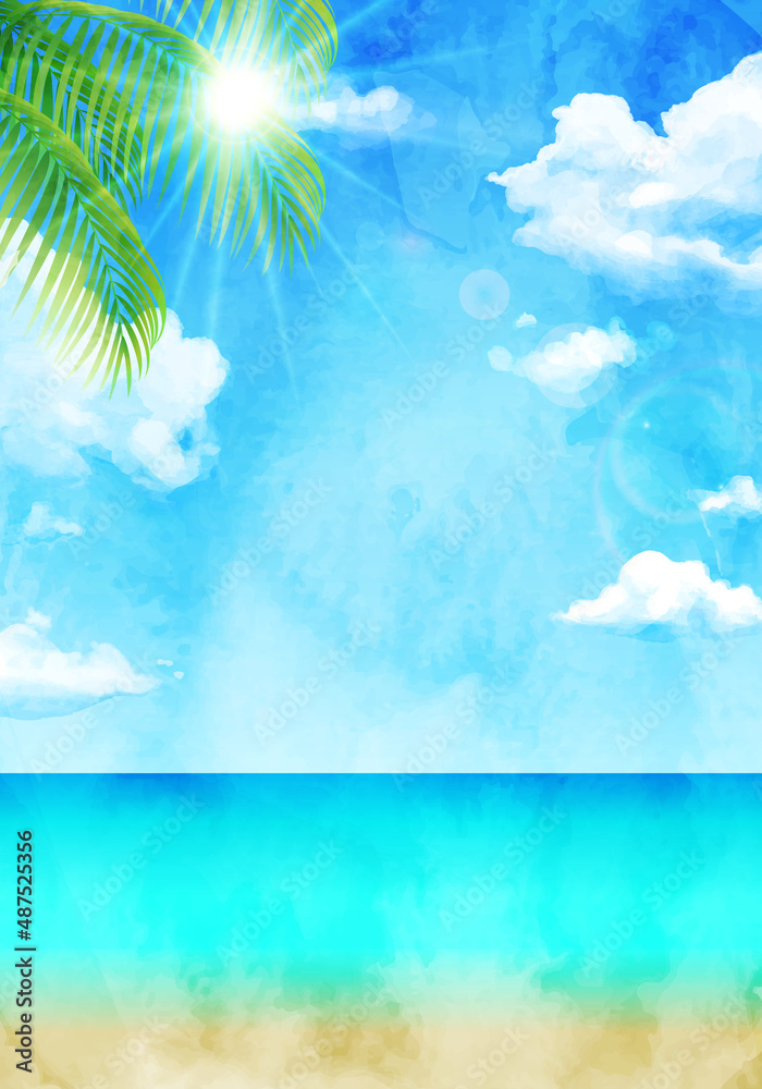 青空と南国の植物の水彩イラスト背景 リゾート 夏 旅行 トロピカル ビーチ ハワイ 海岸 砂浜 バカンス 葉 Stock Vector Adobe Stock