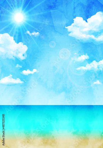 青空と南国の植物の水彩イラスト背景(リゾート,夏,旅行,トロピカル,ビーチ,ハイビスカス,プルメリア,ハワイ,海岸,砂浜,バカンス,葉)