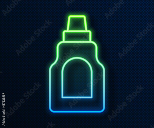 Glowing neon line Plastic bottle for laundry detergent, bleach, dishwashing liquid or another cleaning agent icon isolated on blue background. Vector