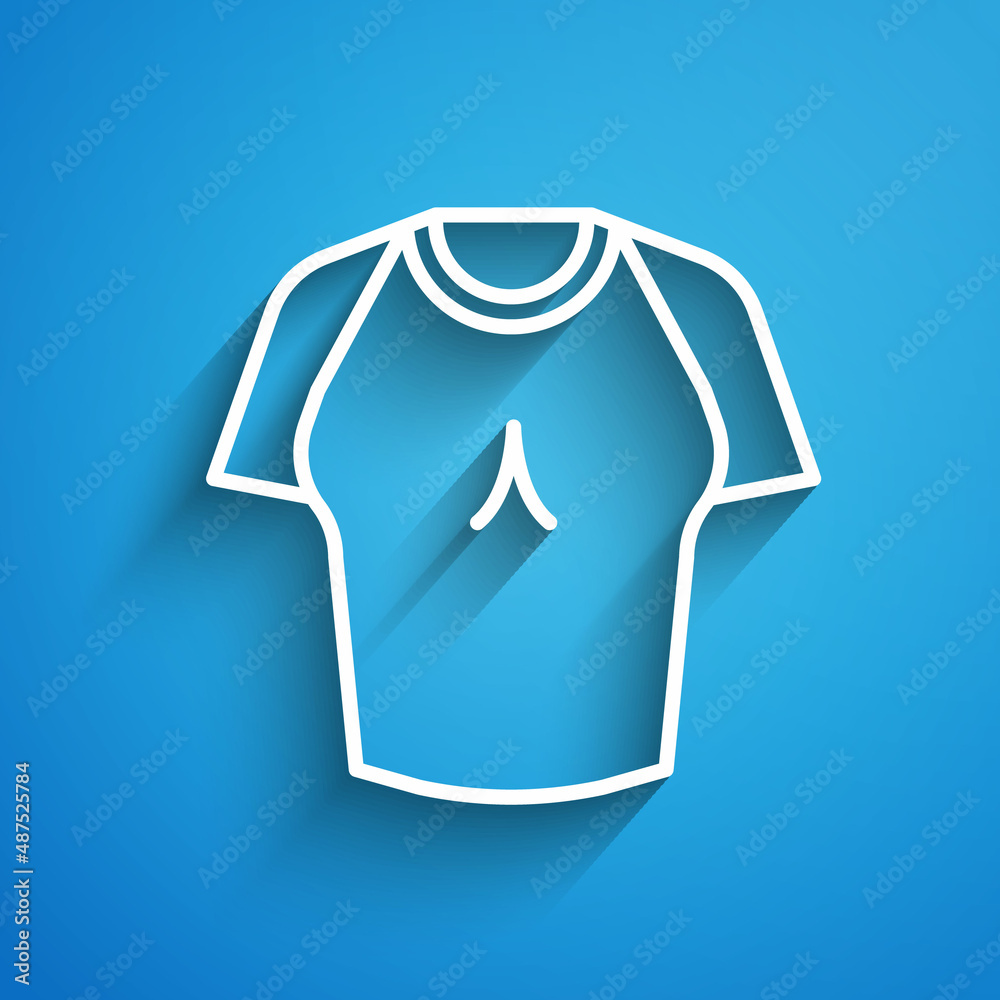 White line T-shirt icon isolated on blue background. Long shadow. Vector White line T-shirt icon isolated on blue background. Long shadow. Vector