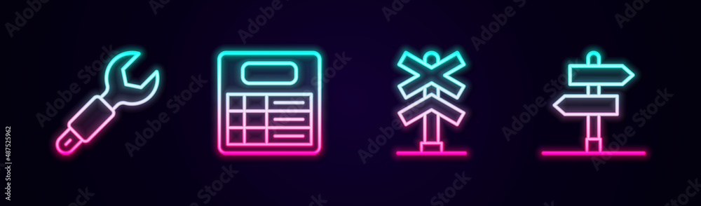 Set line Wrench spanner, Train station board, Railroad crossing and Road traffic sign. Glowing neon icon. Vector Set line Wrench spanner, Train station board, Railroad crossing and Road traffic sign. Glowing neon icon. Vector