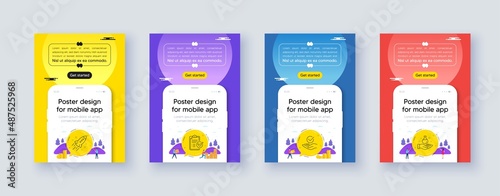 Simple set of Startup rocket, Survey checklist and Approved line icons. Poster offer design with phone interface mockup. Include Chemistry lab icons. For web, application. Vector