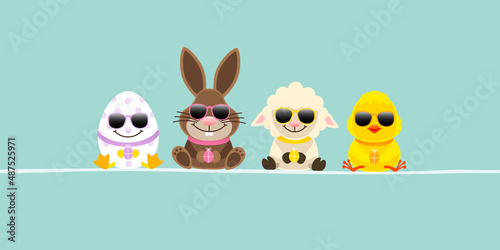 Osterei, Osterhase Schaf & Küken Sonnenbrille Banner Türkis