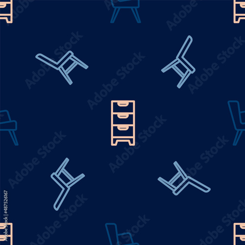 Set line Armchair, Chair and Chest of drawers on seamless pattern. Vector