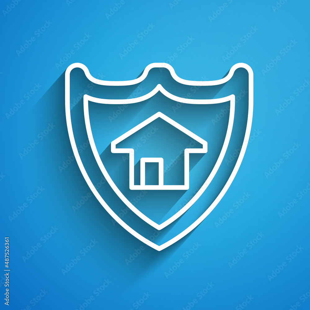 White line House with shield icon isolated on blue background. Insurance concept. Security, safety, protection, protect concept. Long shadow. Vector White line House with shield icon isolated on blue background. Insurance concept. Security, safety, protection, protect concept. Long shadow. Vector