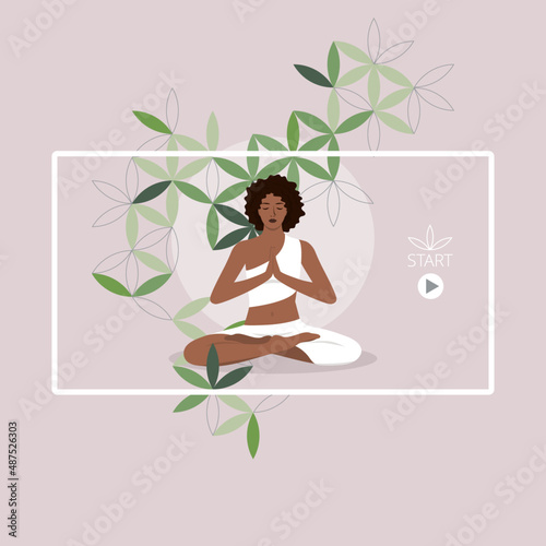 A young black woman meditates in the lotus position. The concept of online classes. Yoga is love. Color vector illustration. White background.