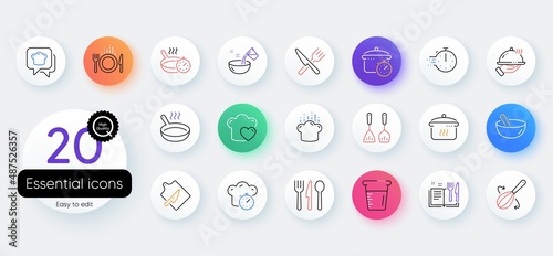 Cooking line icons. Bicolor outline web elements. Boiling time, Frying pan and Kitchen utensils. Fork, spoon and knife line icons. Recipe book, chef hat and cutting board. Vector