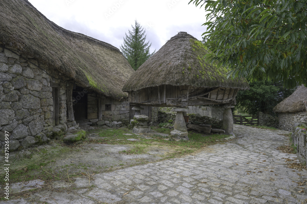 Pallozas and horreos of stone with thatched roof in Piornedo