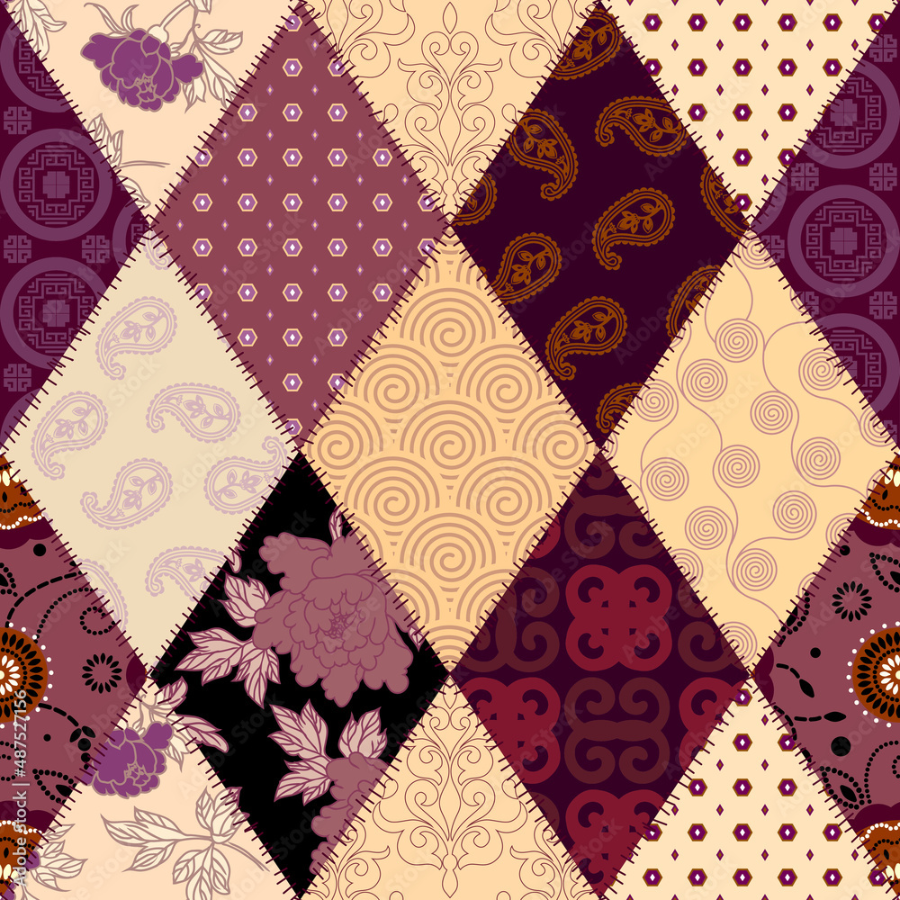 Patchwork textile pattern. Seamless quilting design background. Patchwork textile pattern. Seamless quilting design background.
