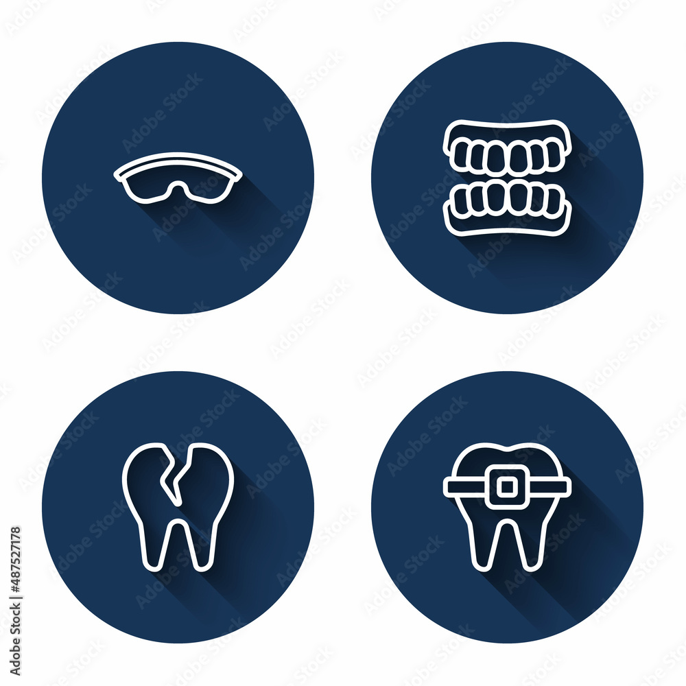 Set line Safety goggle glasses, Dentures model, Broken tooth and Teeth with braces with long shadow. Blue circle button. Vector
