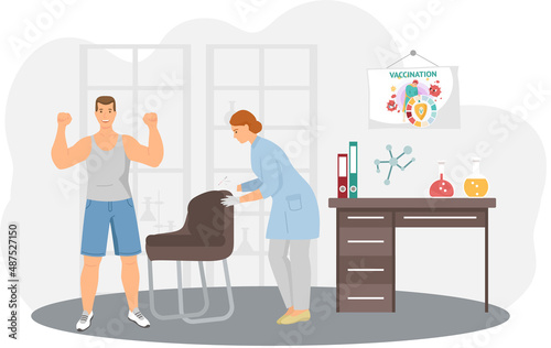 Doctor gives an injection dose of vaccine to patient. Coronavirus vaccination. Antiviral shot. Injecting vaccinate against Covid-19, health care. Man receiving dose of medication at medical office