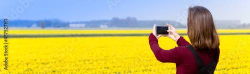 Obraz na plátně Girl takes pictures of a yellow daffodils on a smartphone