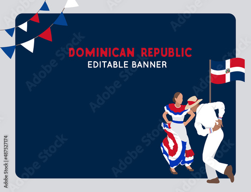 VECTORS. Dominican Republic banner, Independence day, Day of the flag, patriotic, celebrations, cultural, civic holidays, traditions, dance, traditional clothing, dominican couple, party