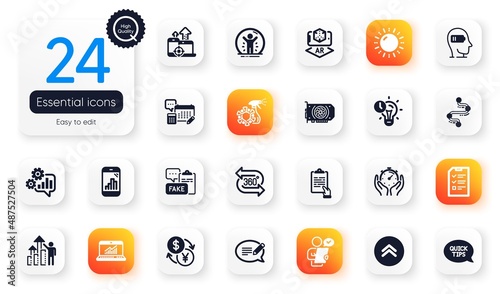 Set of Science flat icons. Sun energy, Account and Time management elements for web application. Weariness, Currency exchange, Swipe up icons. Augmented reality, 360 degree. Vector