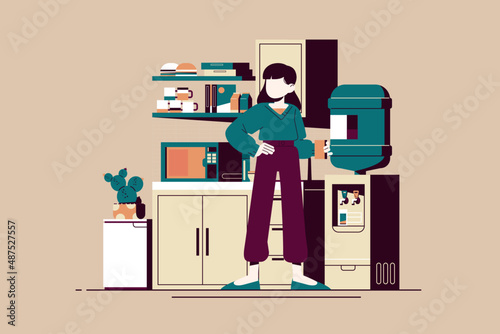 A soft color of break room with a person drinking coffee.