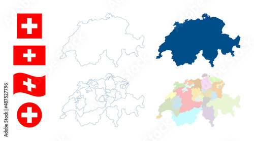 Switzerland map. Detailed blue outline and silhouette. Administrative divisions and cantons. Country flag. Set of vector maps. All isolated on white background. Template for design and infographics.