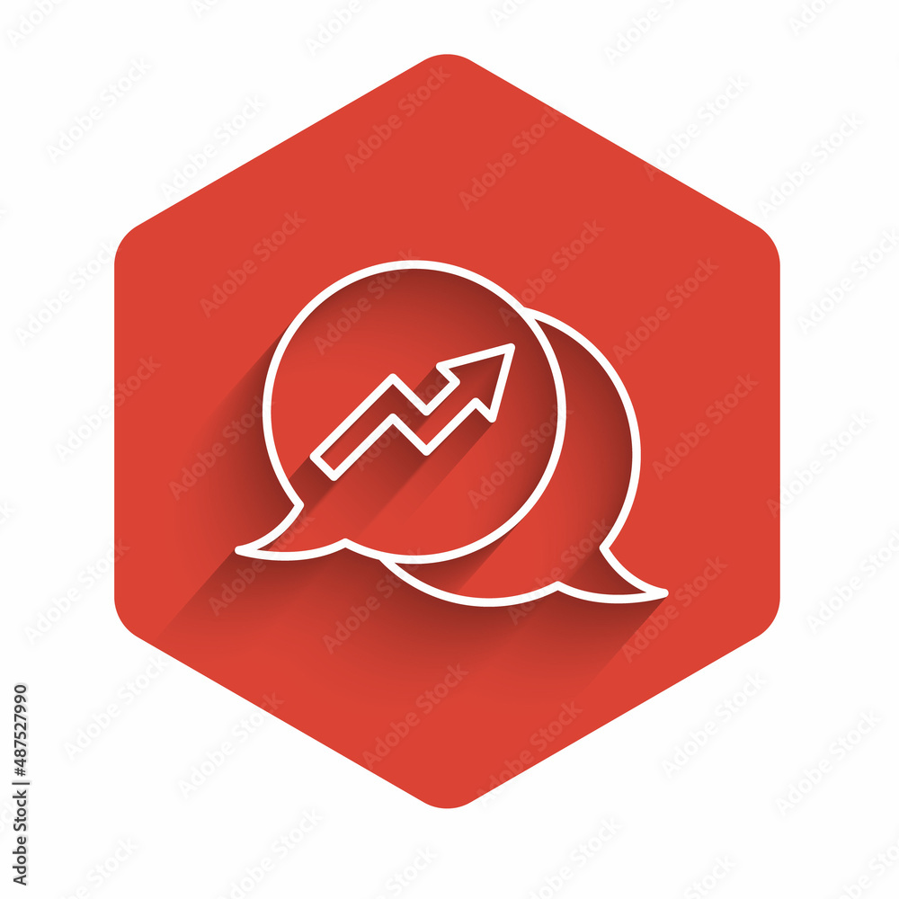 White line Financial growth increase icon isolated with long shadow background. Increasing revenue. Red hexagon button. Vector White line Financial growth increase icon isolated with long shadow background. Increasing revenue. Red hexagon button. Vector